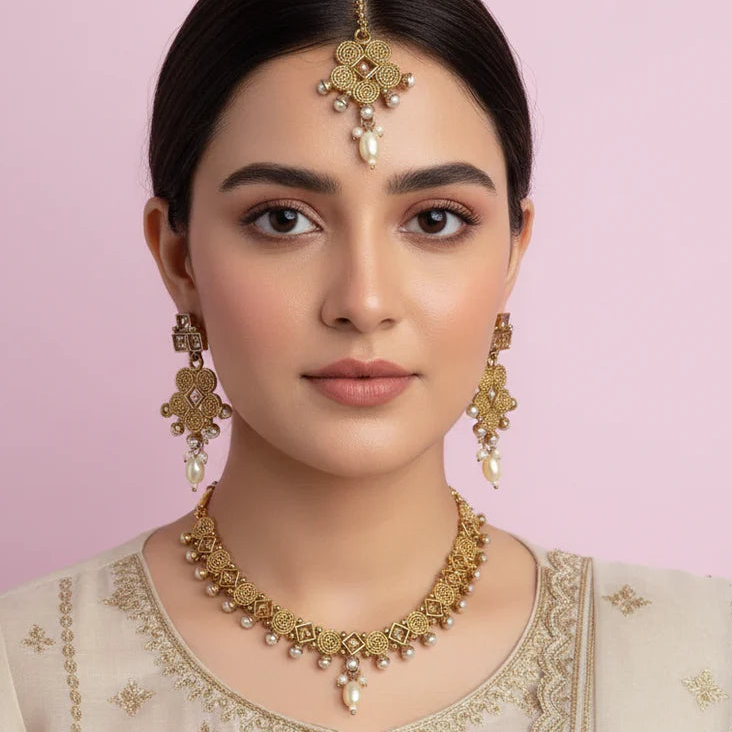 PJ-128 - Premium Gold Pearl Pink Diamonds Flowers - Jewelry Set