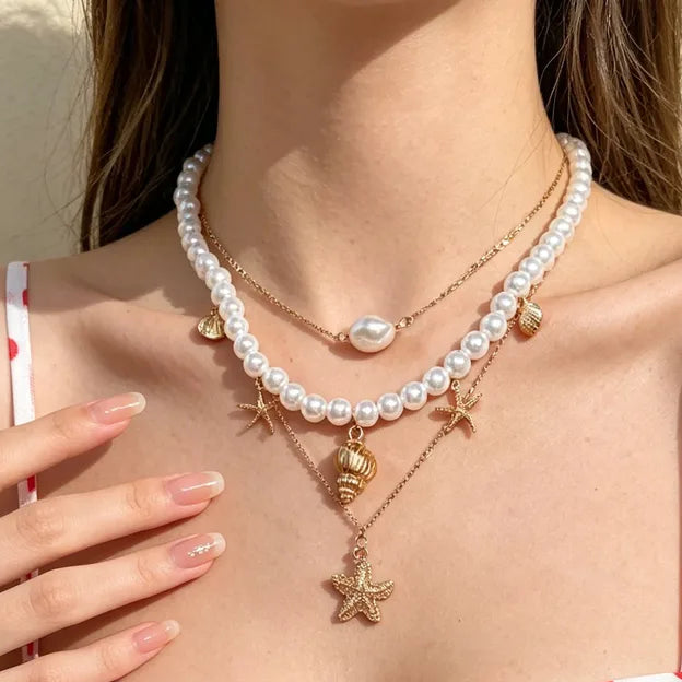 UNI-10977-12 - Pearls & Charms Gold - Necklace Set Of 3