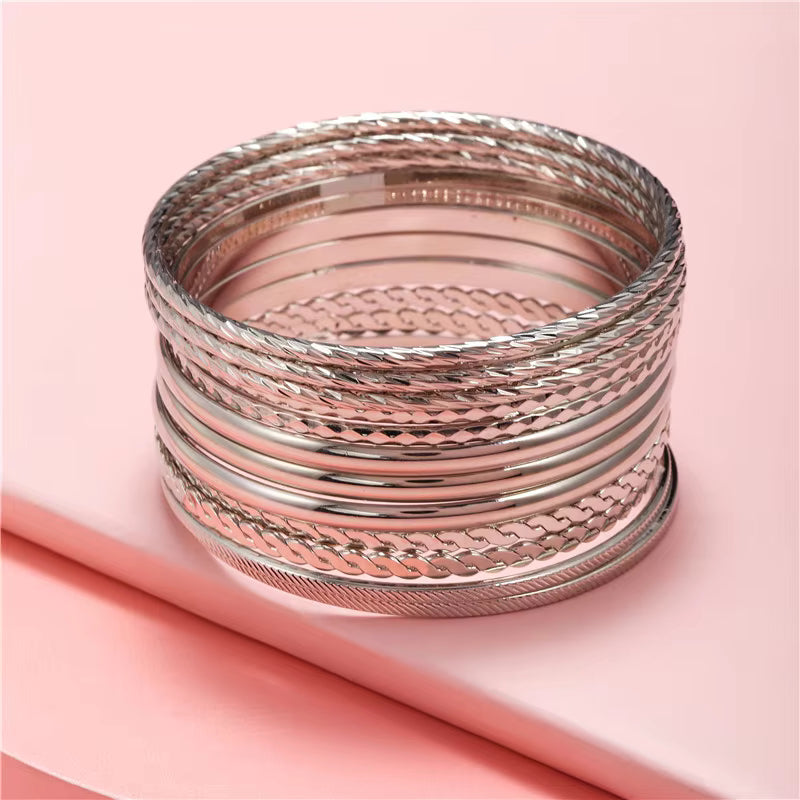 UNI-10636-9 Classy Silver Bangle - Bracelet Set Of 12