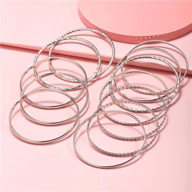 UNI-10636-9 Classy Silver Bangle - Bracelet Set Of 12