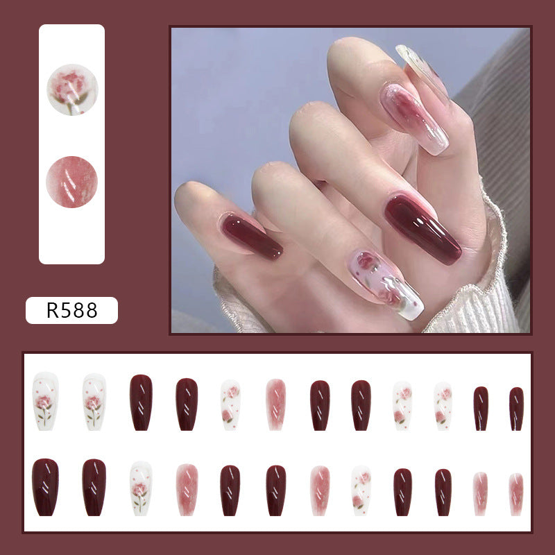 N-262- Pastel Flower & Red Maroon - Press On Nail Set Of 24 - Free 24 Pcs Sticker Sheet Included