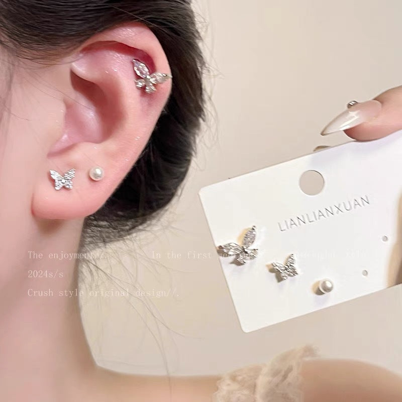 UNI-11976- Pearl & Butterfly Gold - Ear Studs Set Of 6