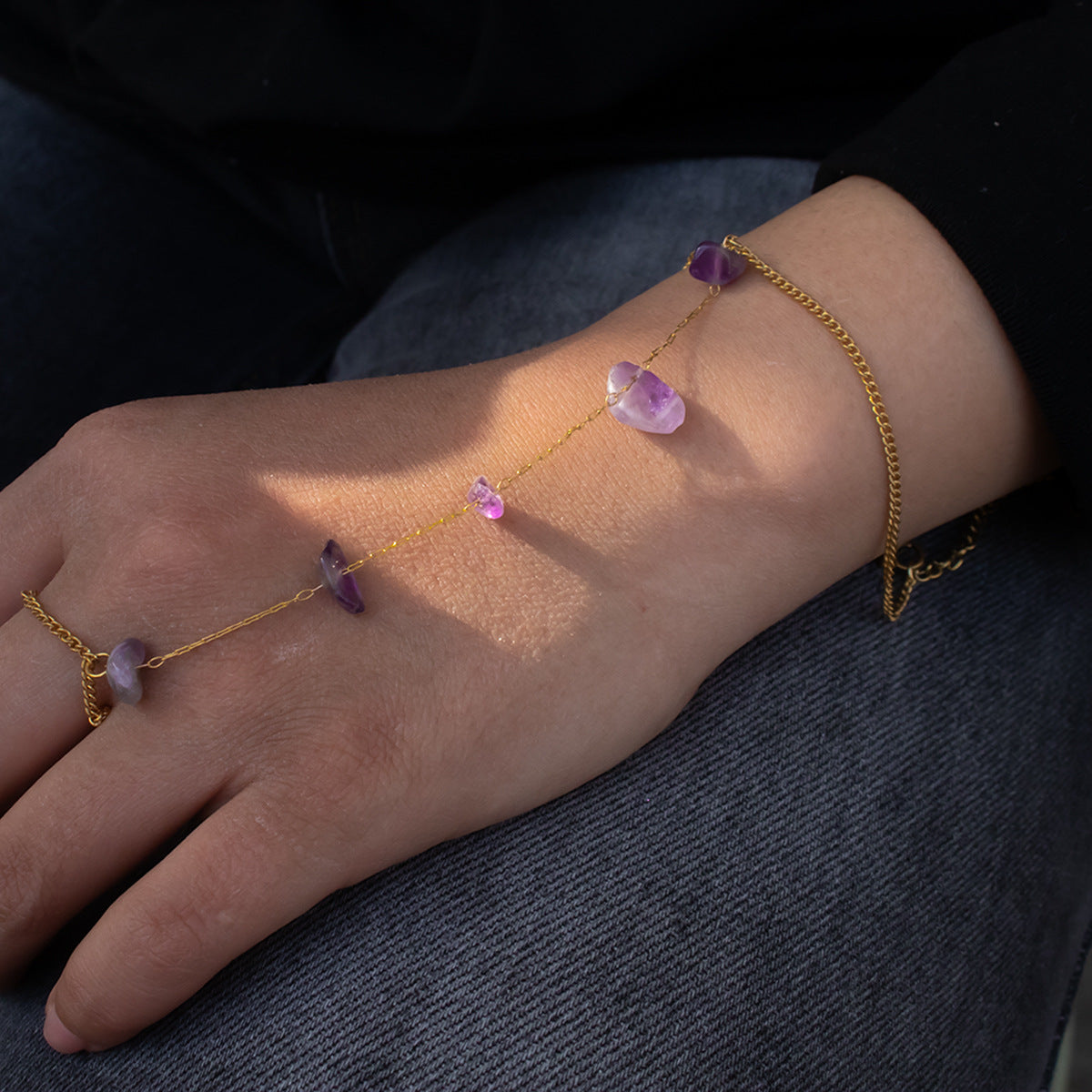 SS-12186- Natural Purple Stone Gold - Hand Chain