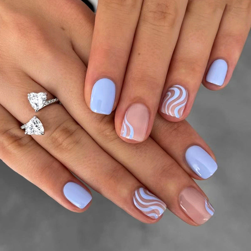 N-421 - Blue & Pink Series - Press On Nail Set Of 24 - Free 24 Pcs Sticker Sheet Included