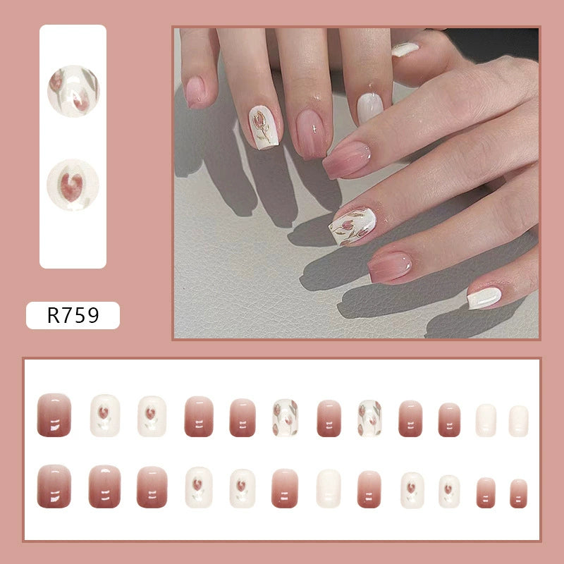 N-371 -Pink Tulip Flower - Print Press On Nail Set Of 24 - Free 24 Pcs Sticker Sheet Included