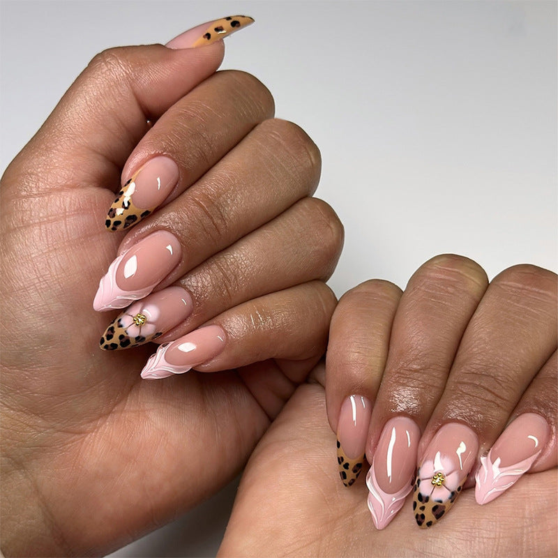 N-209 - Flower & Cheetah Print - Press On Nail Set Of 24 - Free Nail Kit Included