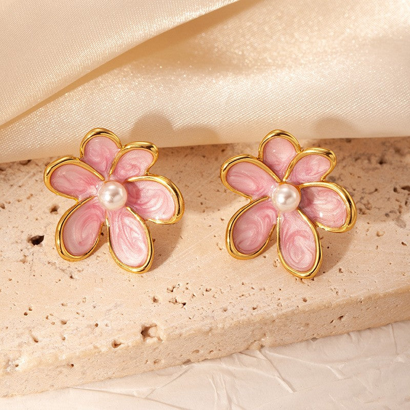 UNI-12845 - Pink Pearl Flowers Gold Foil - Earring