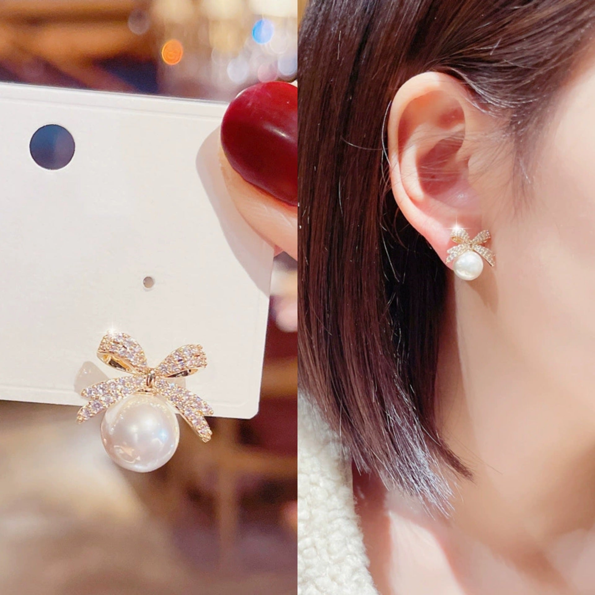 UNI-12057 - Pearly Bow & Sparkle Diamond - Earring