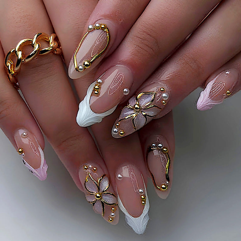 N-384 - Pink Flower Gold Foil - Press On Nail Set Of 24 - Free 24 Pcs Sticker Sheet Included