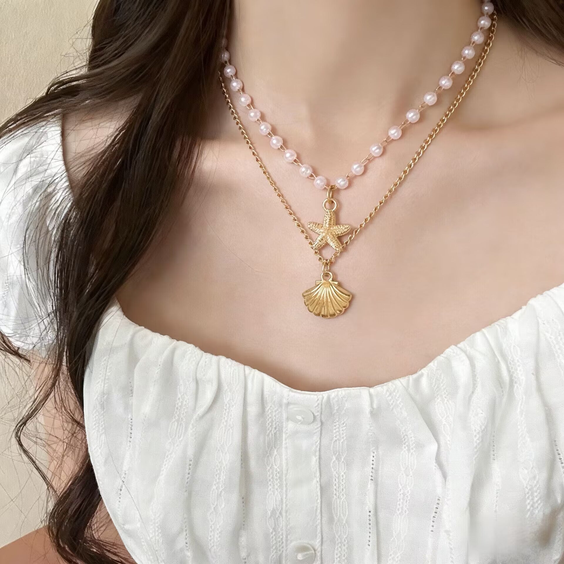 UNI-10977-8 - Star Fish & Sea Shell Charm Gold - Necklace Set of 2