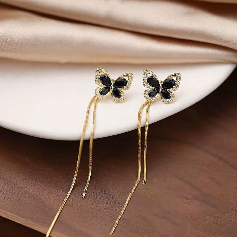 UNI-12851 - Dangling Black Butterfly Gold - Earring
