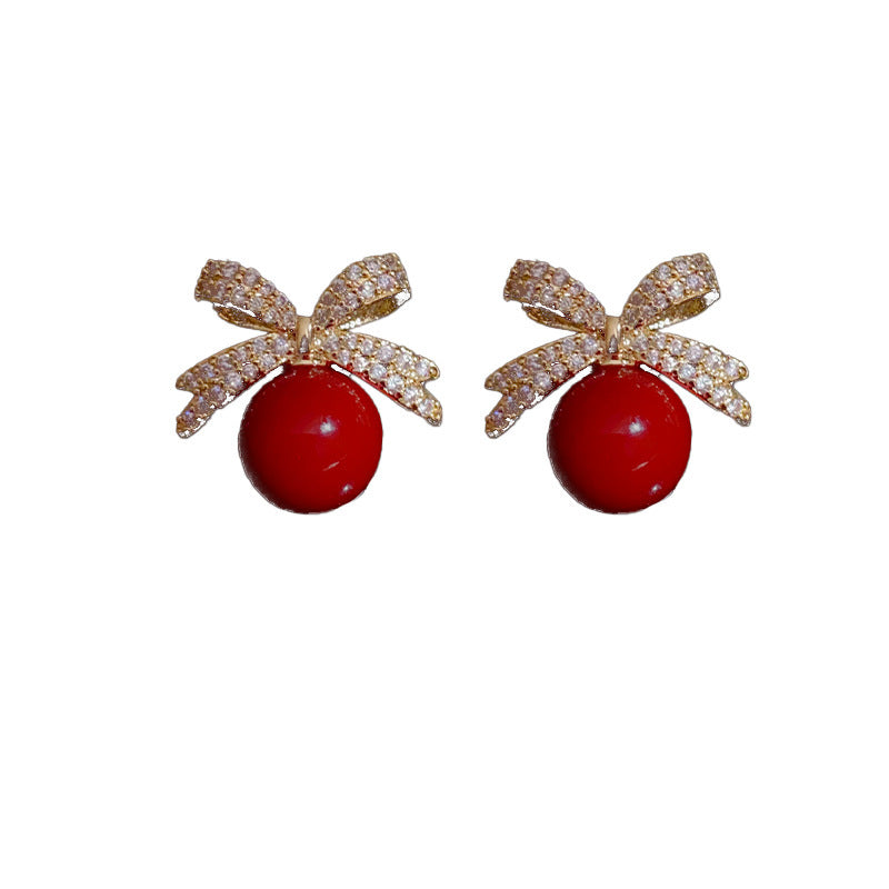 UNI-12057-2 - Red Pearl Bow & Sparkle Diamond - Earring