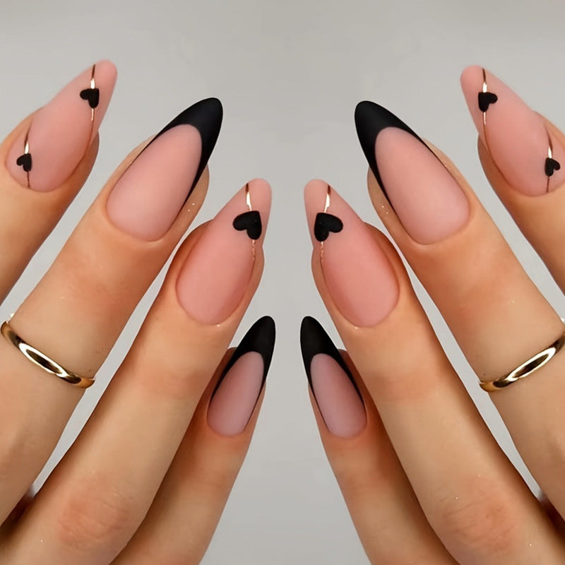 N-220 - Black Heart & Pink - Press On Nail Set Of 24 - Free Nail Kit Included