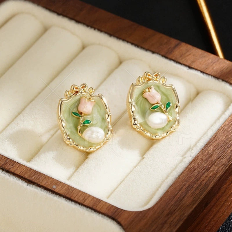 UNI-12609 - Tulip Flower Gold Frame - Earring