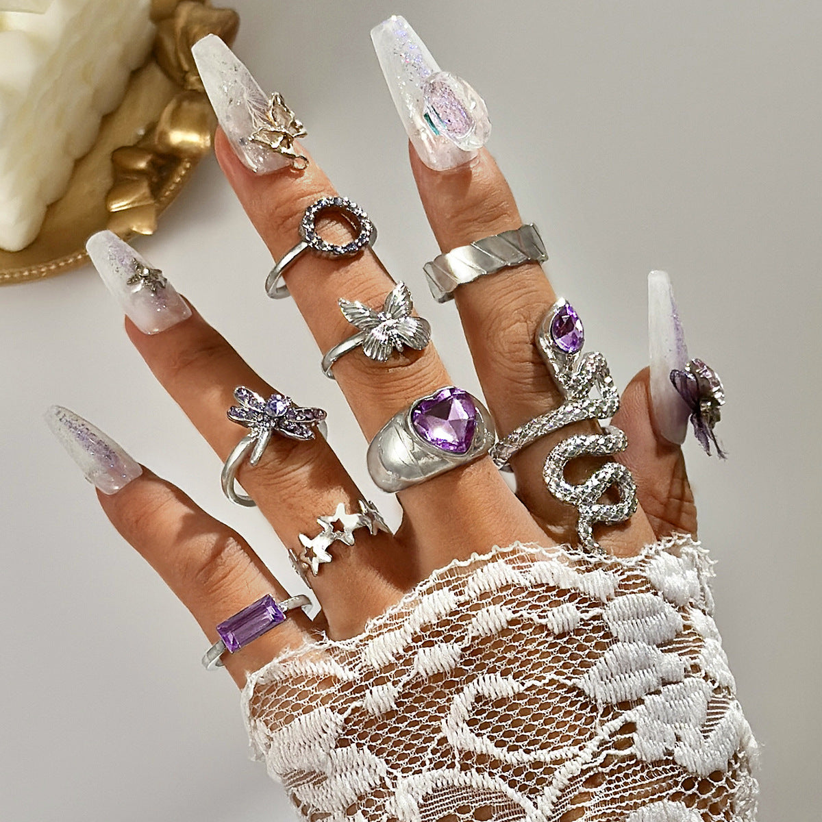 UNI-10770-1 - Purple Gem Silver - Ring Set Of 9