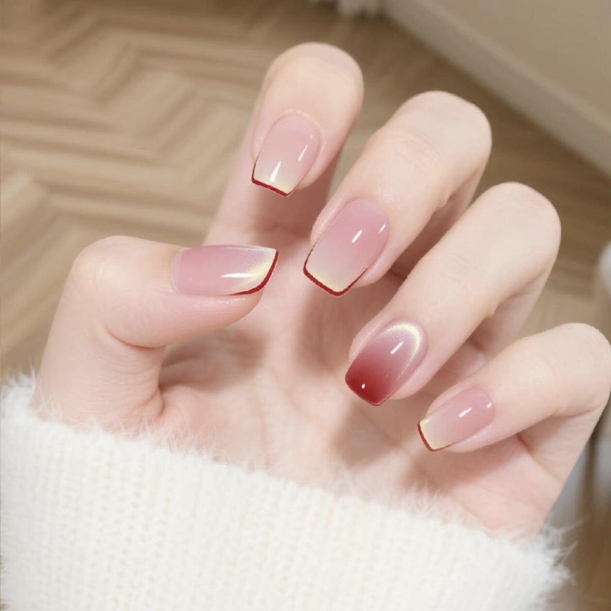 N-305 - Pastel Red Line - Press On Nail Set Of 24 - Free 24 Pcs Sticker Sheet Included