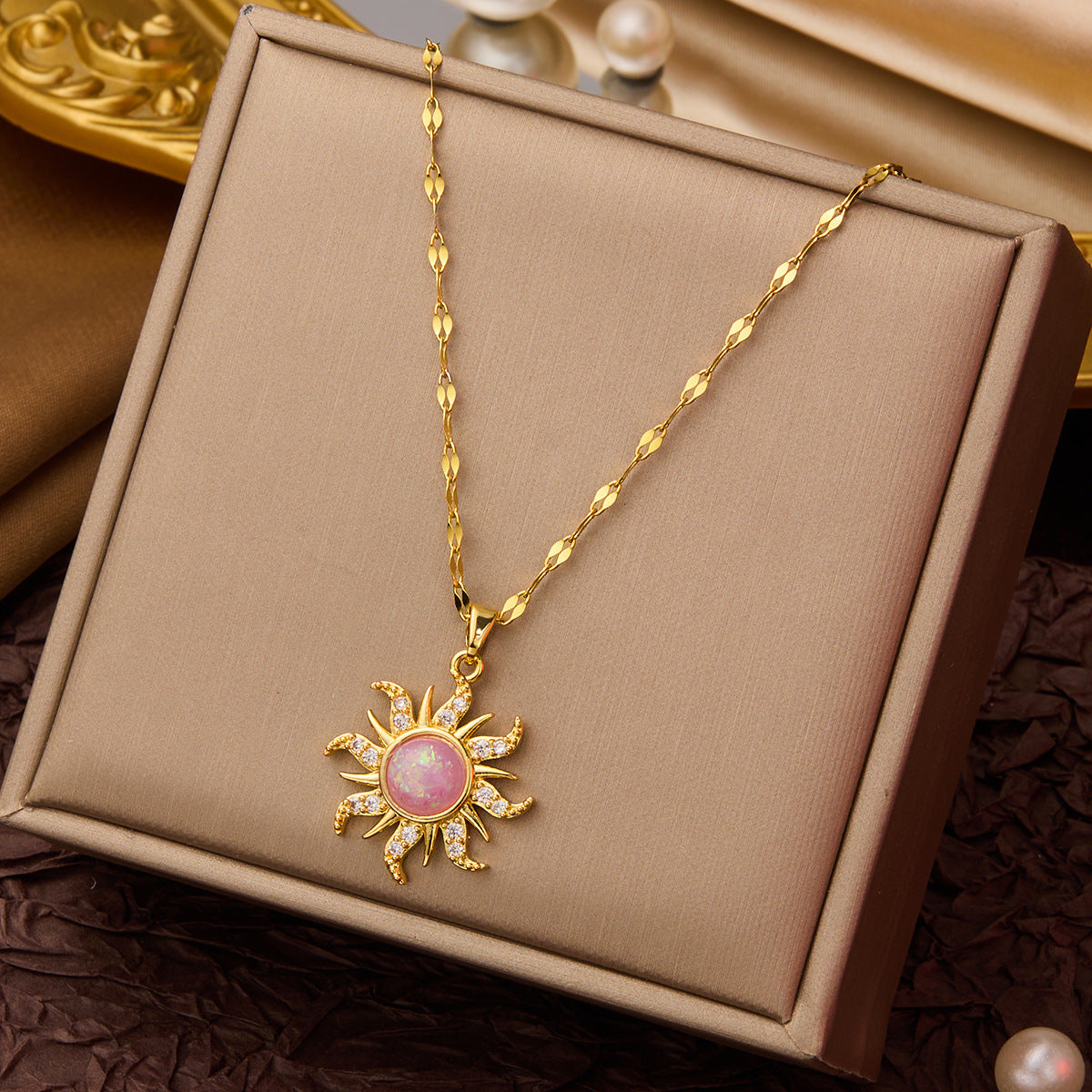 SS-10822 - Gold Sun Pink Stone Twist Chain - Necklace