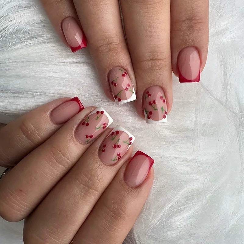 N-502 - Red Cherry Fruit - Press On Nail Set Of 24 - Free 24 Pcs Sticker Sheet Included