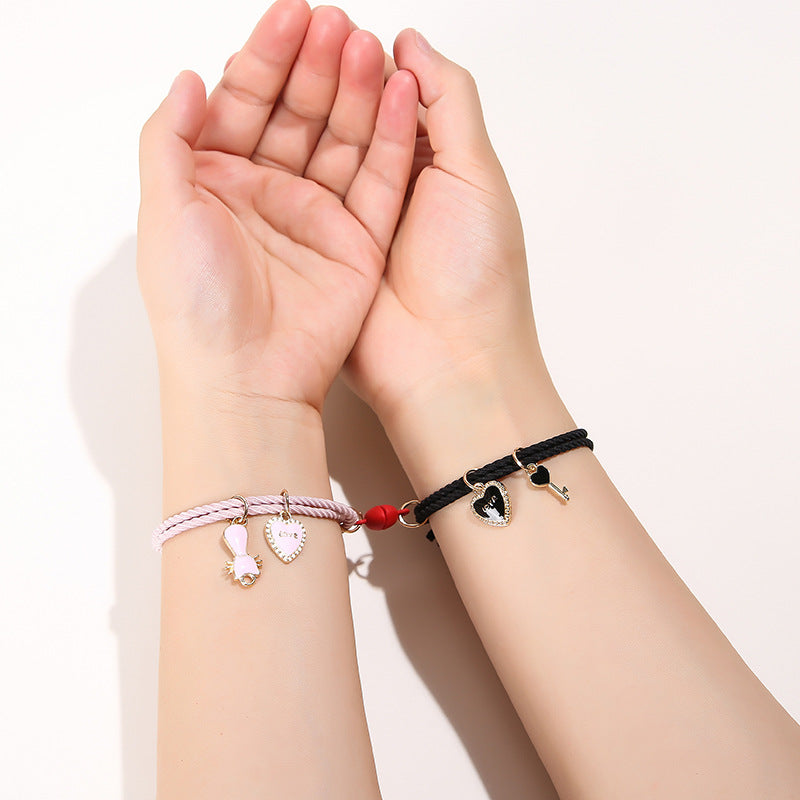UNI-11761 - Love Charms Pink & Black Magnetic Red Round - Bracelet Set