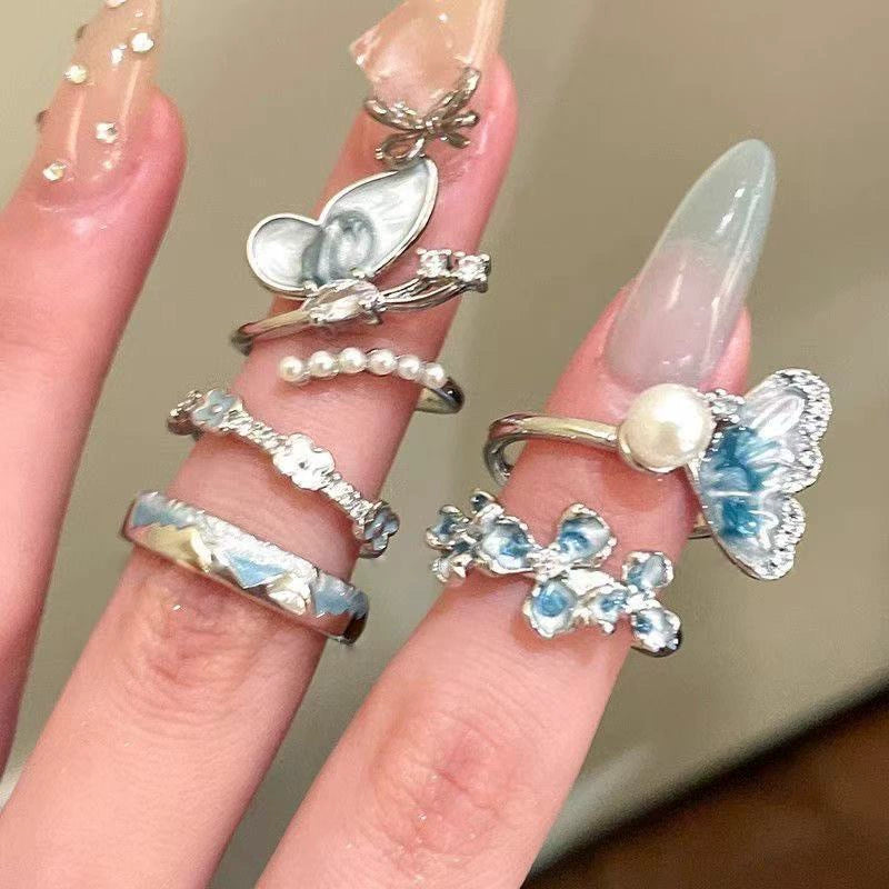 UNI-12290 - Butterfly & Flowers Silver - Ring Set Of 5