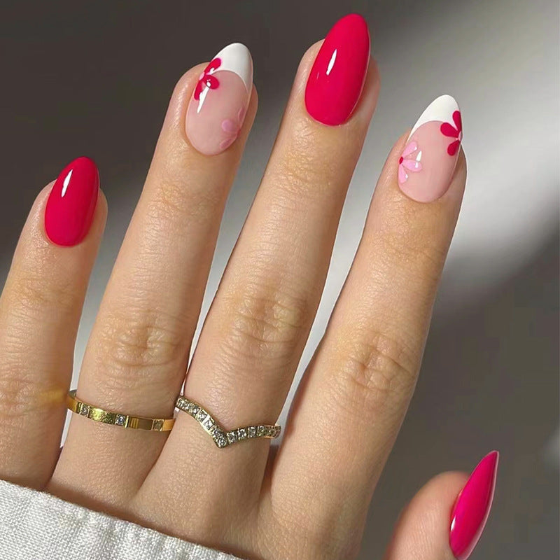 N-514 - Hot Pink Flower - Press On Nail Set Of 24 - Free 24 Pcs Sticker Sheet Included