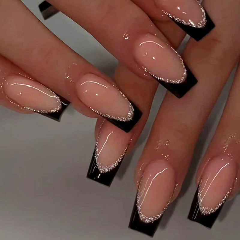 N-470 - French Black & Peachy Pink Sparkle - Press On Nail Set Of 24 - Free 24 Pcs Sticker Sheet Included