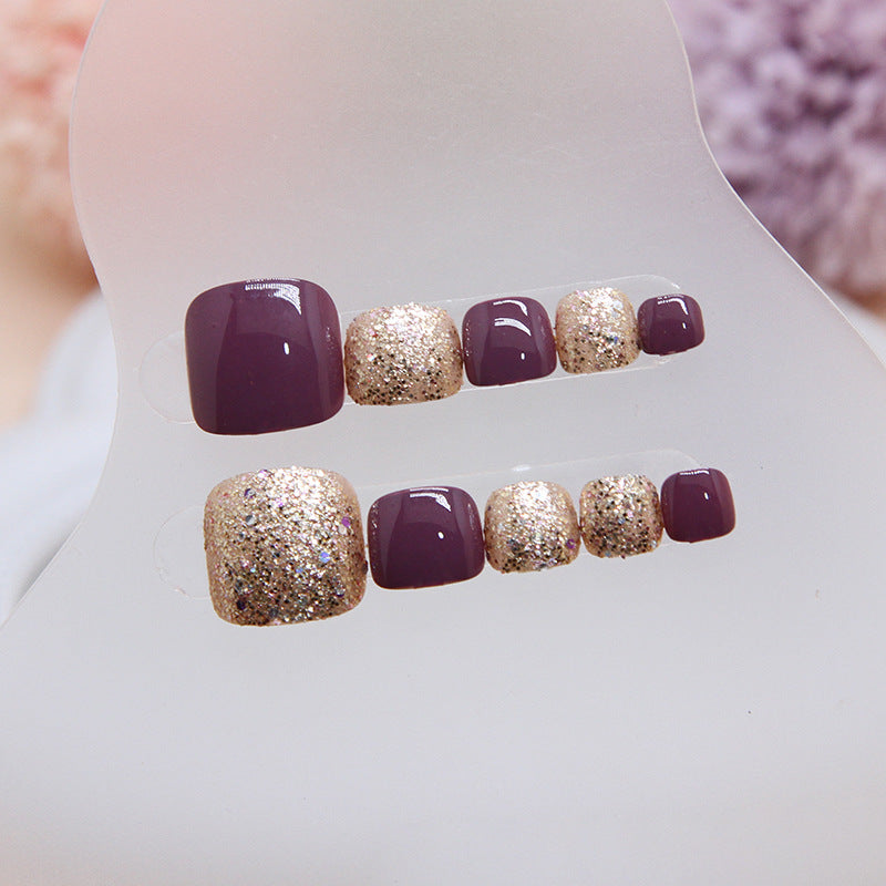 N-251 - Gold Glitter & Purple - Toenail Set Of 24- Free 24 Pcs Sticker Sheet Included