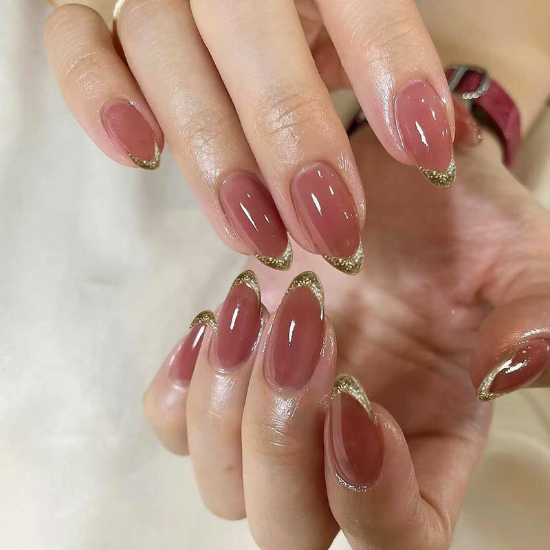 N-462 - Sparkles Gold Pink Glossy - Press On Nail Set Of 24 - Free 24 Pcs Sticker Sheet Included