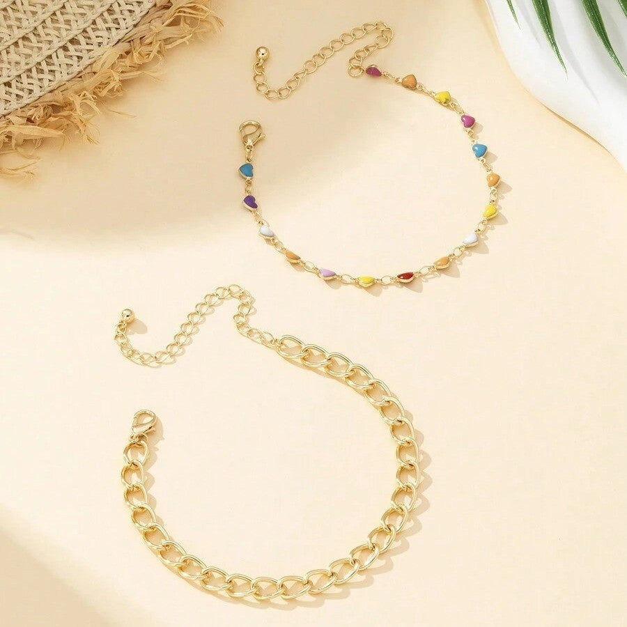 UNI-10693 - Multi Heart Gold Chain - Anklet Set Of 2