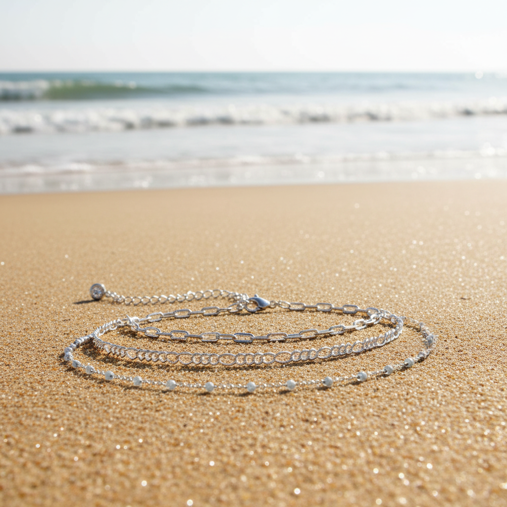 UNI-10683 - Silver Chain Blue Stone - Anklet Set of 3