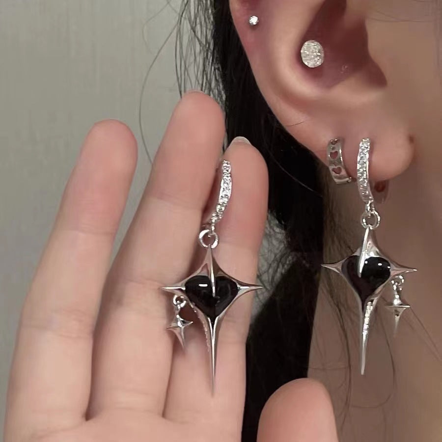 UNI-12408 - Sparkle Black Heart Silver - Earring