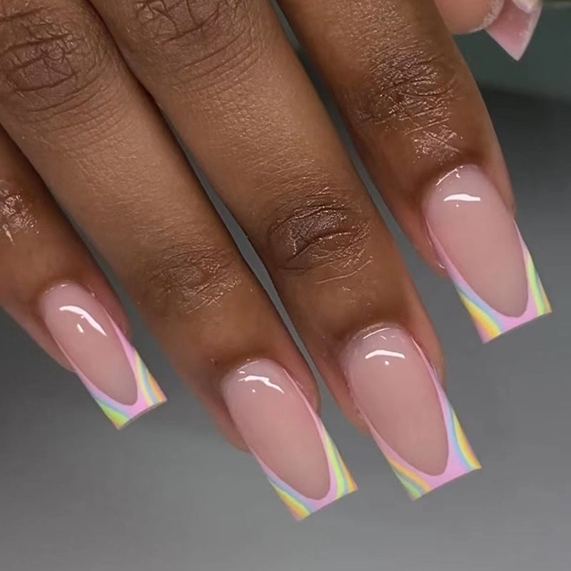N-487 - Rainbow & Pink - Press On Nail Set Of 24 - Free 24 Pcs Sticker Sheet Included