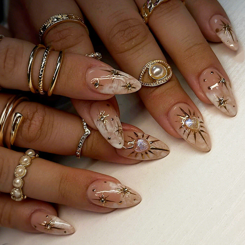 N-383 - Vintage Gold Foil Sparkles - Press On Nail Set Of 24 - Free 24 Pcs Sticker Sheet Included