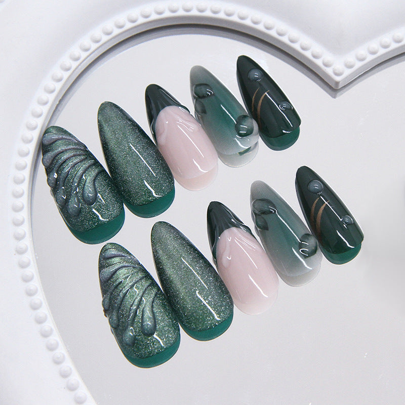 N-245 -Iced Mist Forest Green - Press On Nail Set Of 24 - Free 24 Pcs Sticker Sheet Included