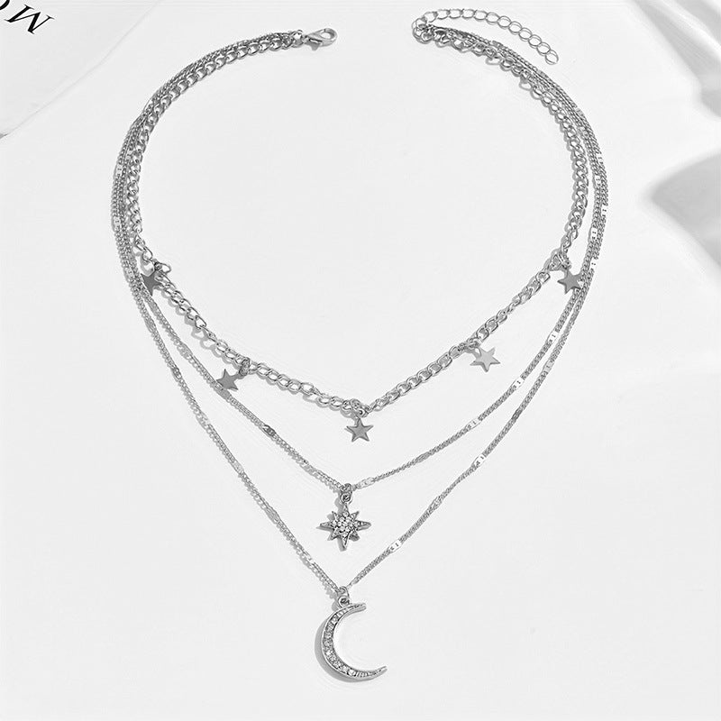UNI-12690 - 3 Layered Moon & Star Silver - Necklace