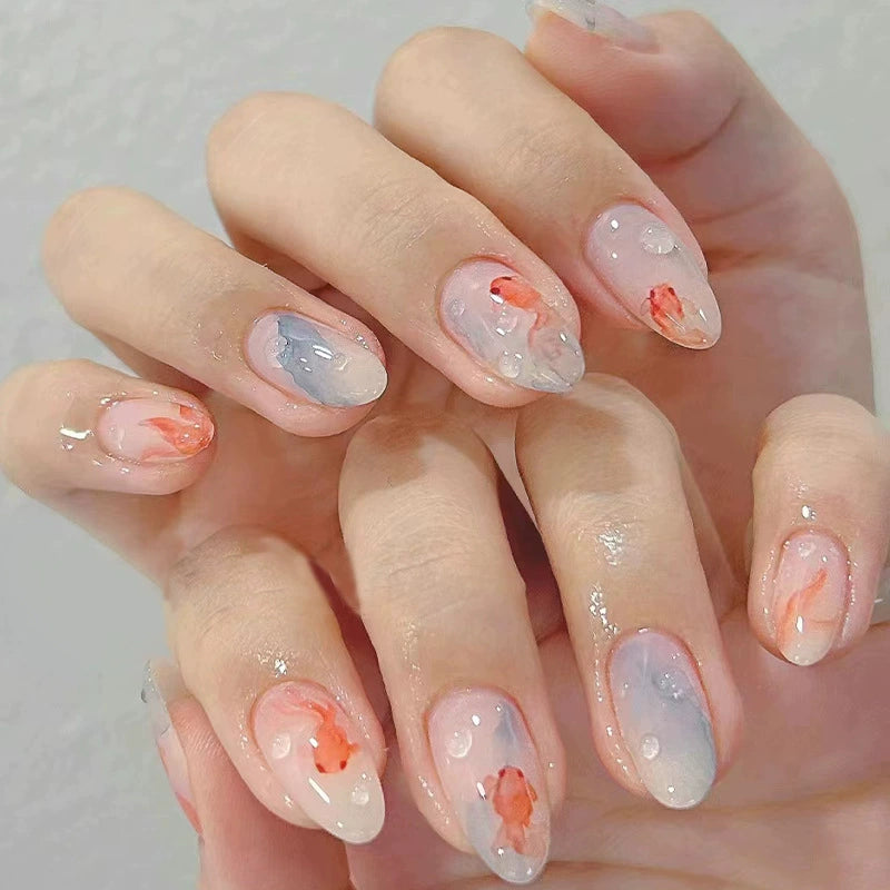 N-490 - Goldfish - Press On Nail Set Of 24 - Free 24 Pcs Sticker Sheet Included