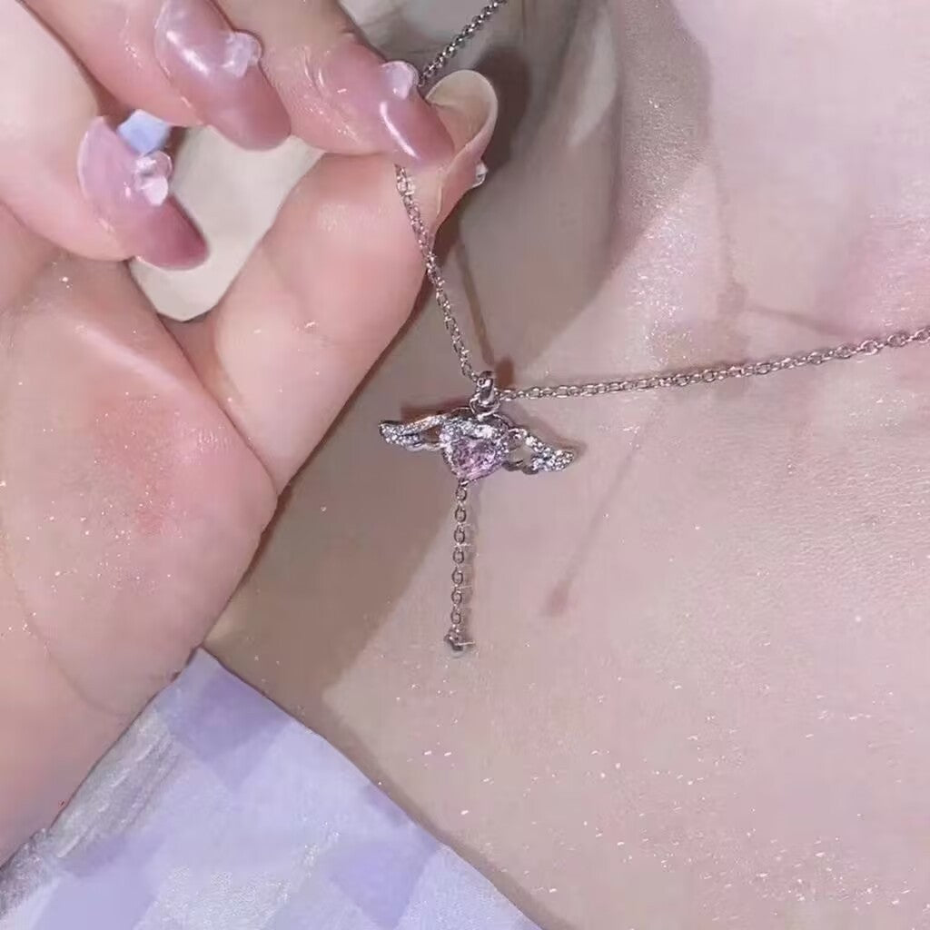 SS-11871-2 - Pink Diamond Heart Silver - Necklace