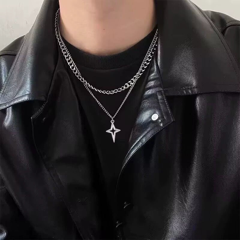 UNI-12270 - Double Layer Star Silver - Necklace