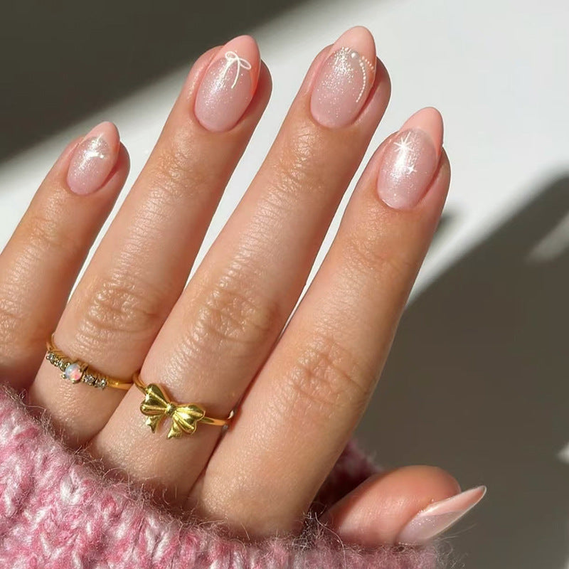 N-515 - Pearl Star Bow Pink - Press On Nail Set Of 24 - Free 24 Pcs Sticker Sheet Included