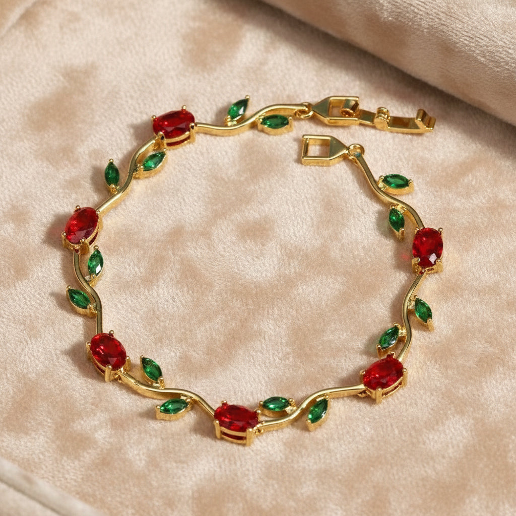 UNI-12200- Viral Tulip Red & Green Diamonds Gold - Bracelet