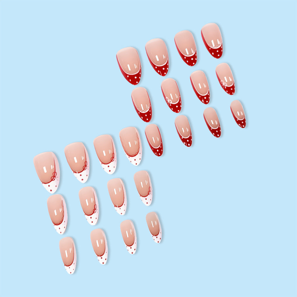 N-335 - Polka Dot Red & WHite - Press On Nail Set Of 24 - Free 24 Pcs Sticker Sheet Included