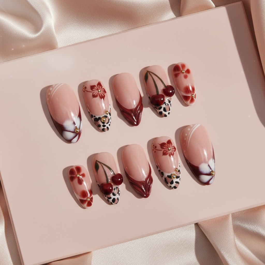 N-388 - Midnight Cherry - Press On Nail Set Of 30 - Free 24 Pcs Sticker Sheet Included