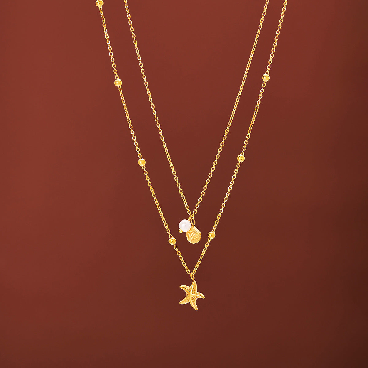 SS-11711 - Star Fish & Sea Shell Pearl Gold Double Layer - Necklace