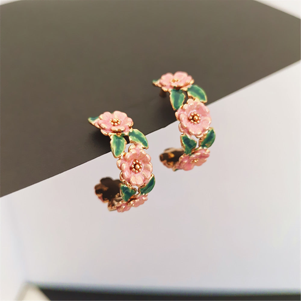 UNI-10431- Pink Rose & Leaf - Earring