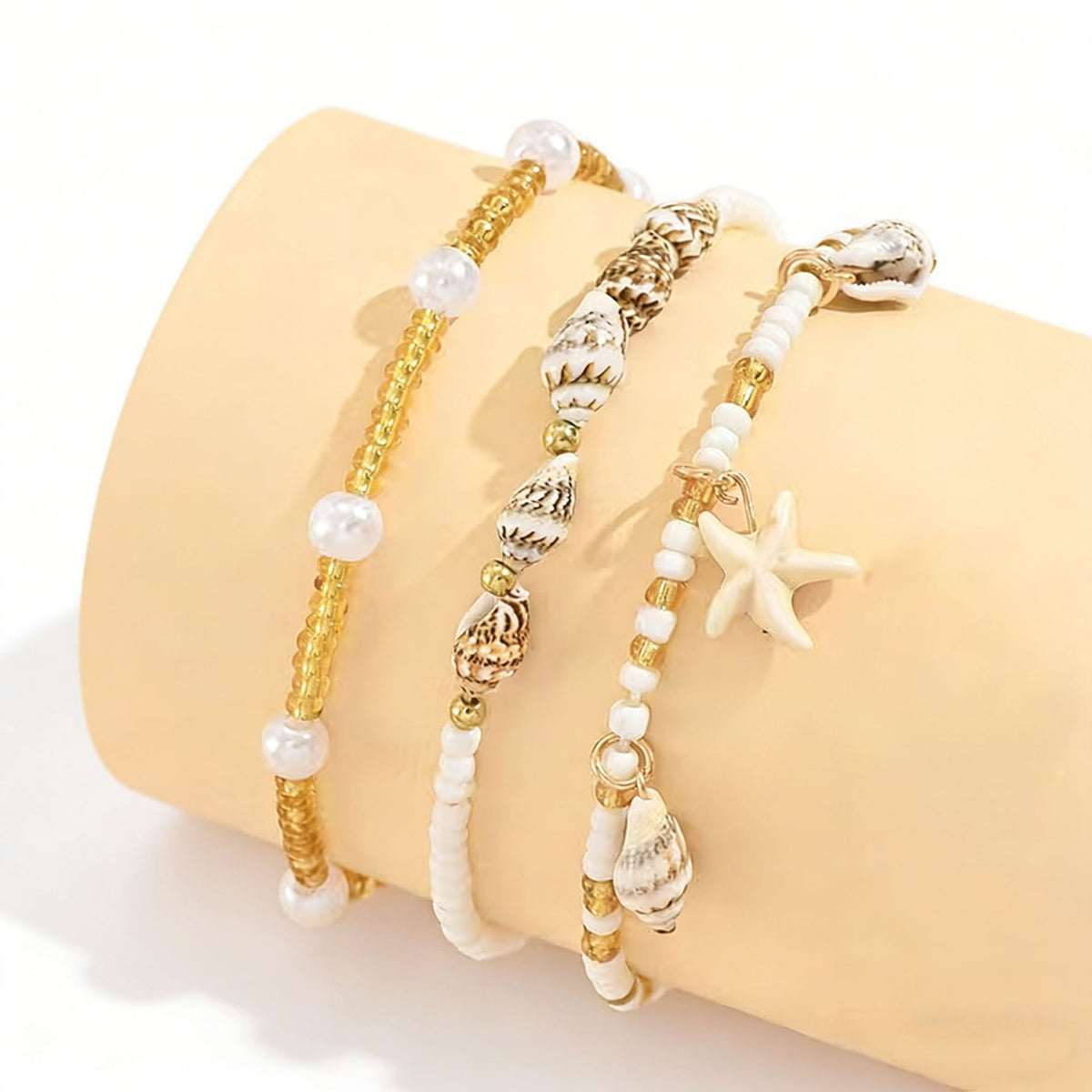 UNI-10688-1 - Shell & Star Fish Beaded Pearls - Anklet Set of 3