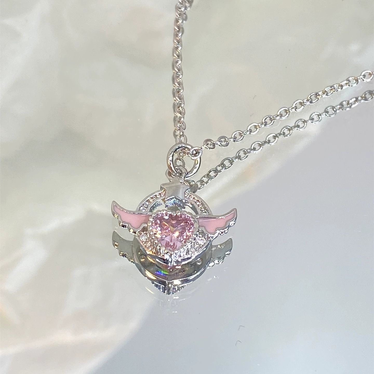 UNI-12312 - Pink Diamond Wings Heart - Necklace