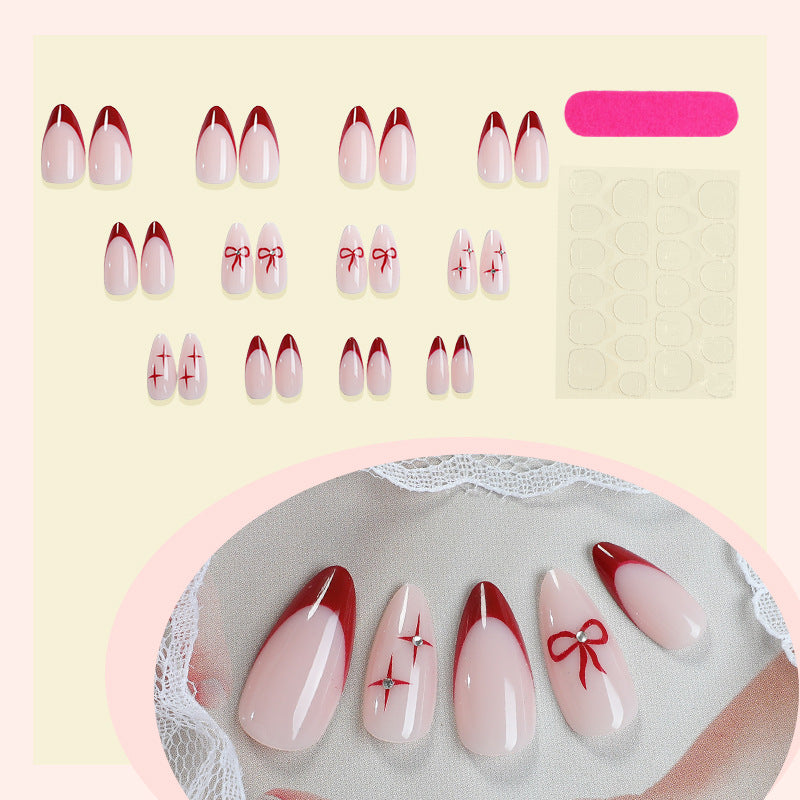 N-221 - Maroon Bow & Sparkle Pink - Press On Nail Set Of 24 - Free Nail Kit Included