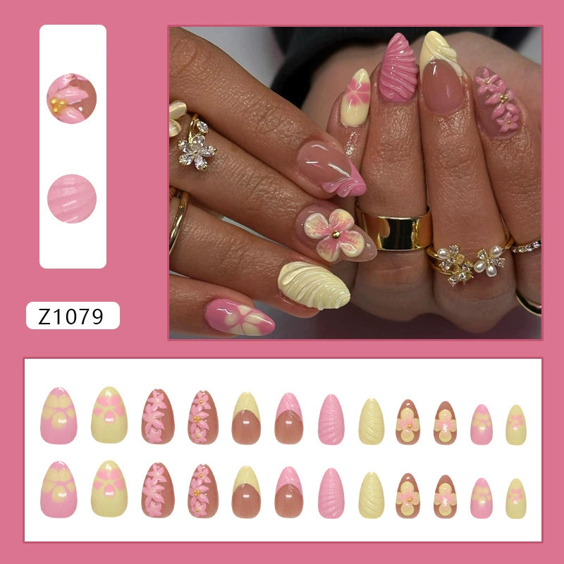 N-365 - Pink Flower - Press On Nail Set Of 24 - Free 24 Pcs Sticker Sheet Included