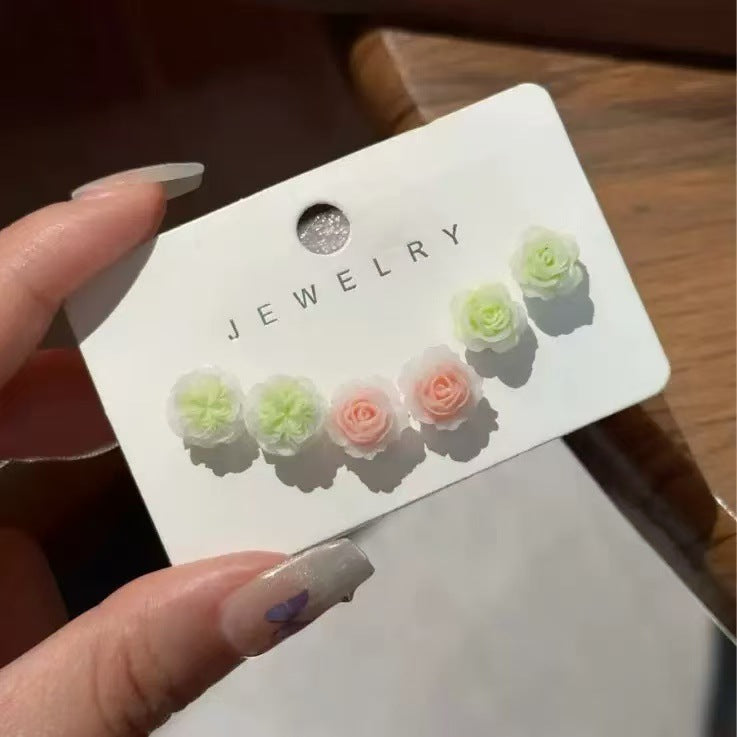 UNI-11581 - Peach & green Flowers - Ear Studs Set Of 3