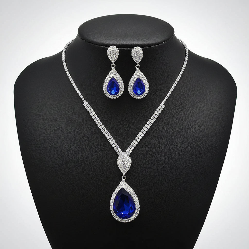 UNI-11937- Teardrop Blue Diamonds Silver - Jewelry Set Of 2